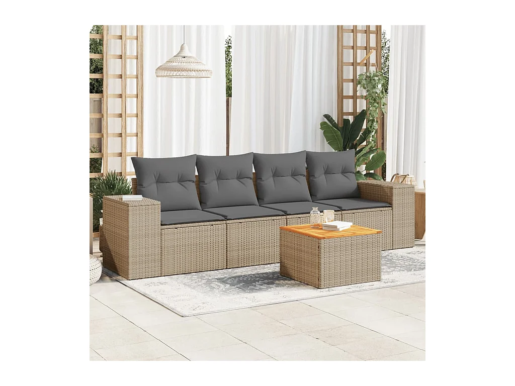 5-tlg. Garten-Sofagarnitur mit Kissen Beige Poly Rattan
