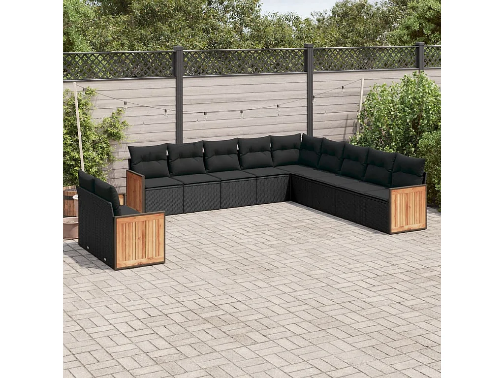 11-tlg. Garten-Sofagarnitur mit Kissen Schwarz Poly Rattan
