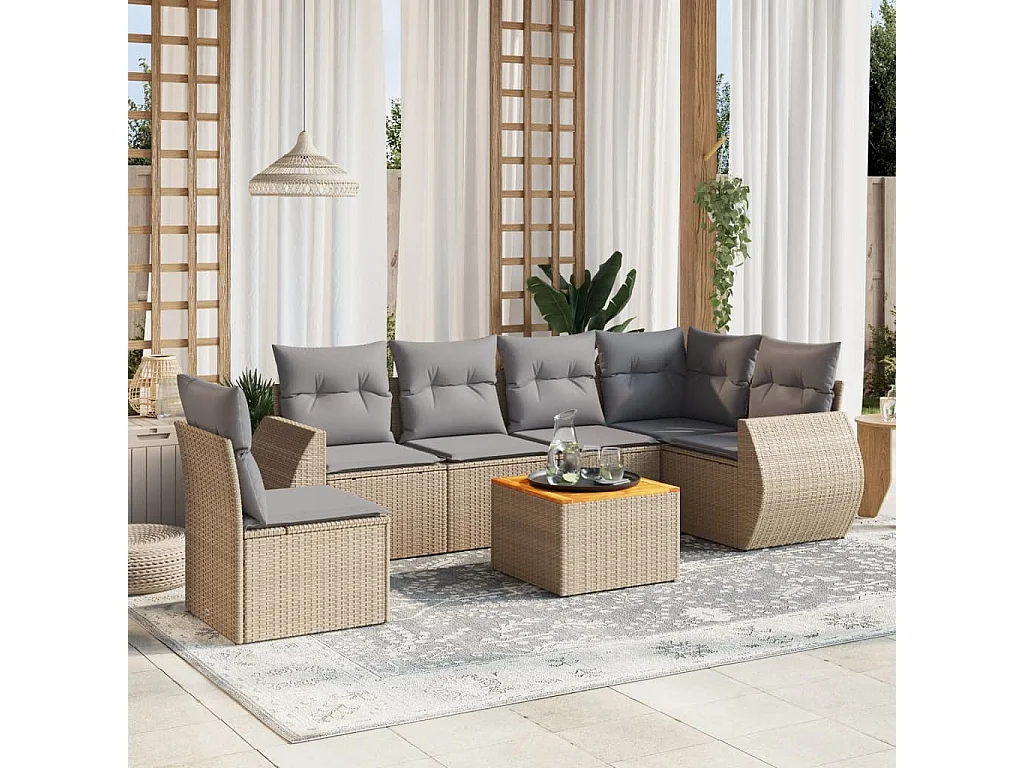 Set Divani da Giardino 7 pz con Cuscini Beige in Polyrattan