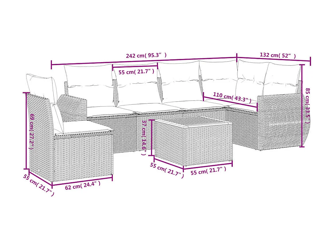 Set Divani da Giardino 7 pz con Cuscini Beige in Polyrattan