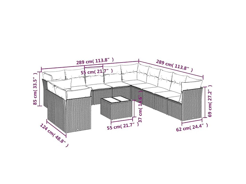 Salon de jardin 12 pcs avec coussins noir résine tressée