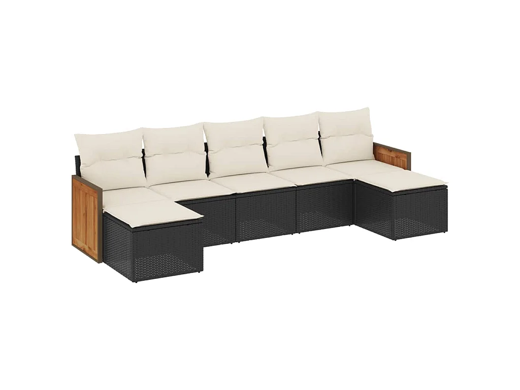 7-delige Loungeset met kussens poly rattan zwart