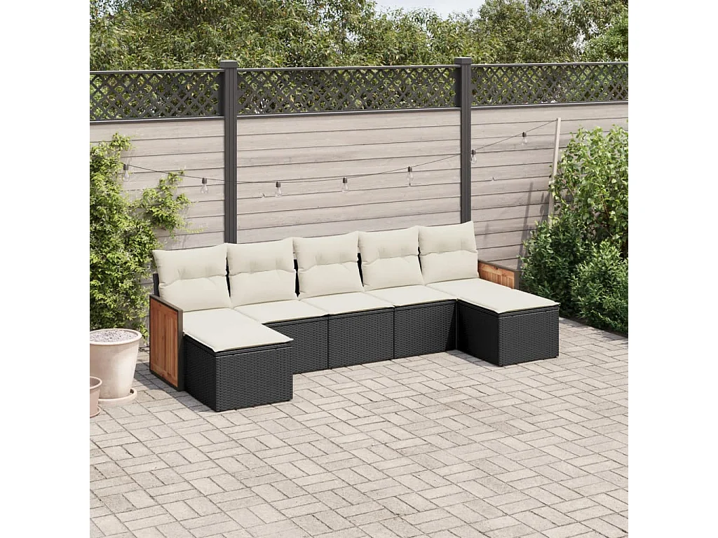 7-delige Loungeset met kussens poly rattan zwart