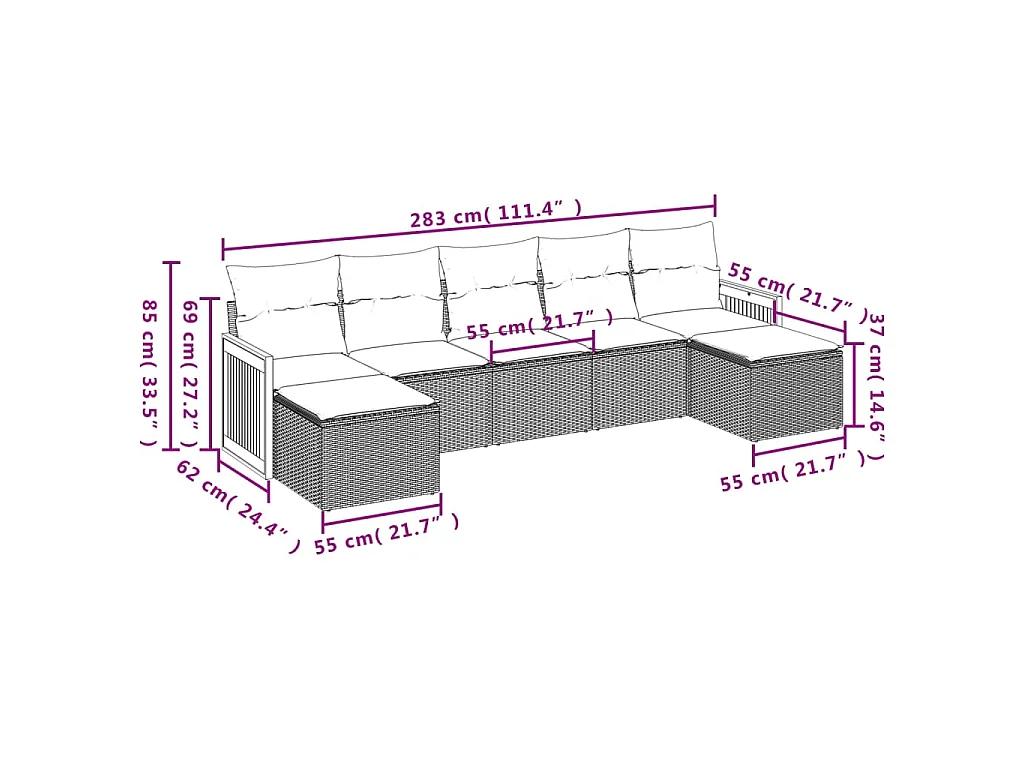 7-delige Loungeset met kussens poly rattan zwart