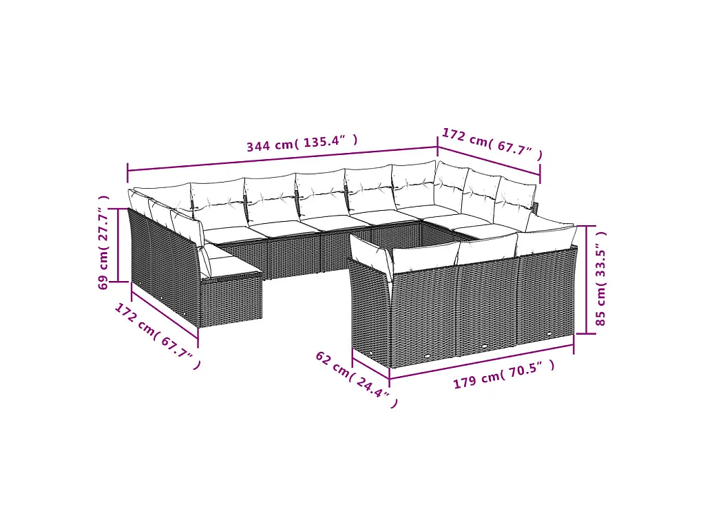 13 pcs conjunto de sofás p/ jardim com almofadões vime PE bege