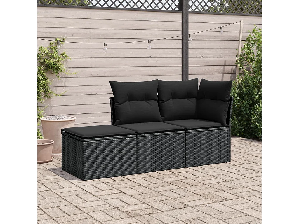 Set Divani da Giardino 3 pz con Cuscini in Polyrattan Nero