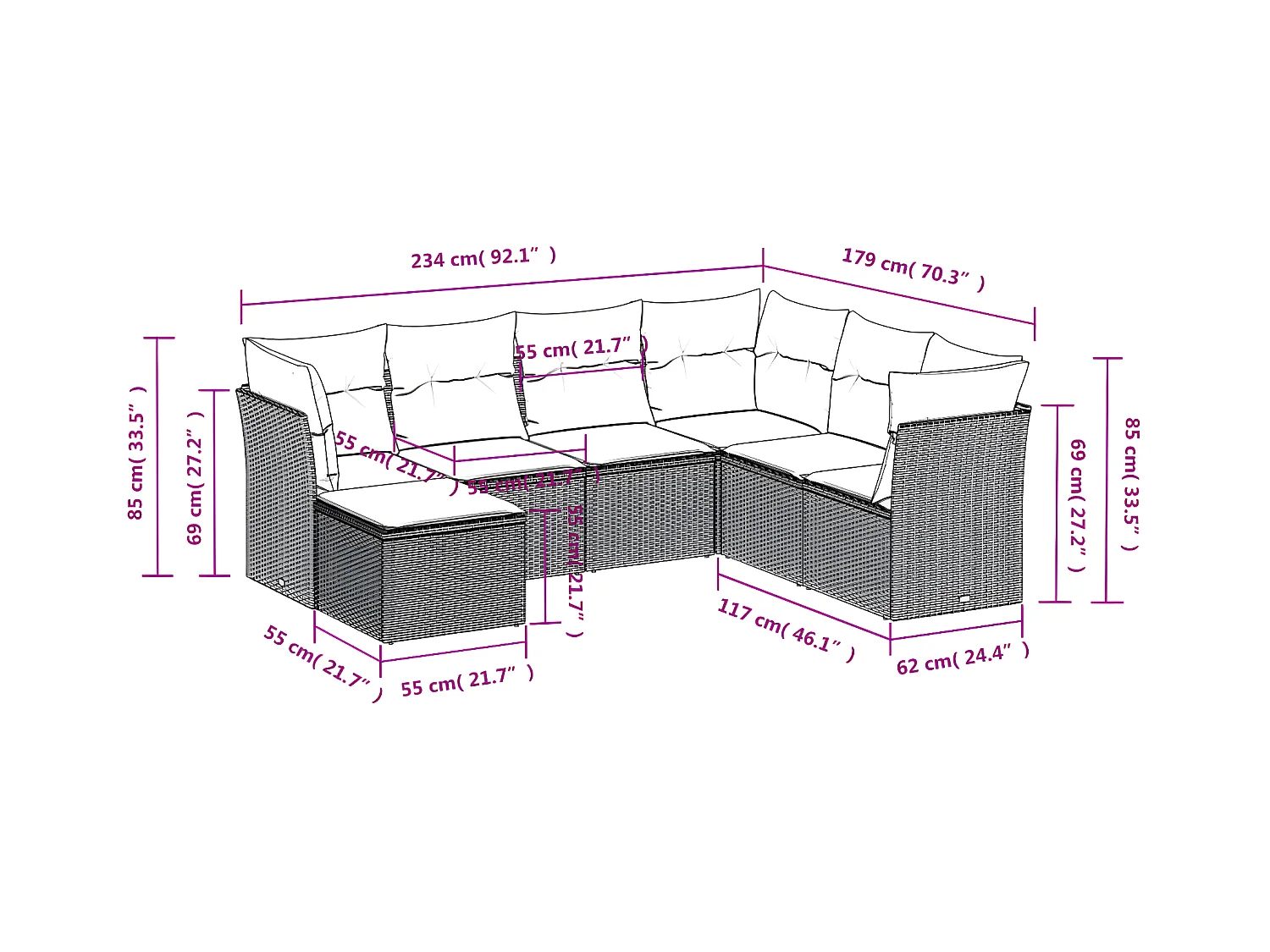 7-tlg. Garten-Sofagarnitur mit Kissen Grau Poly Rattan
