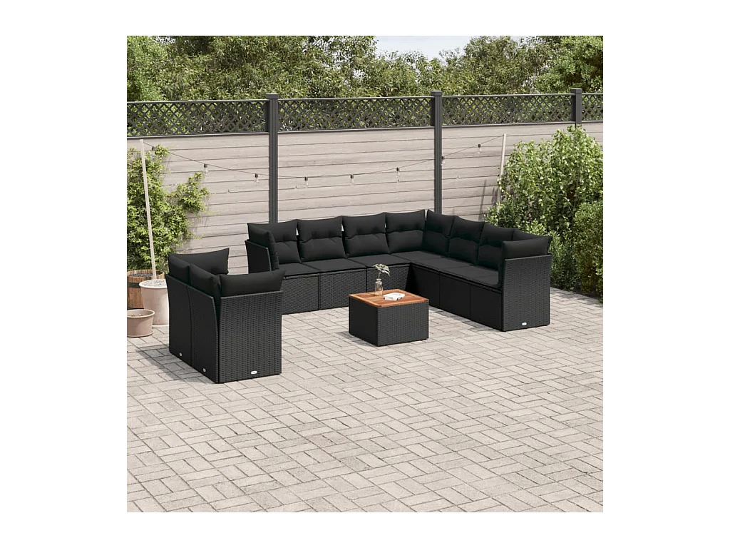 Salon de jardin 10 pcs avec coussins noir résine tressée