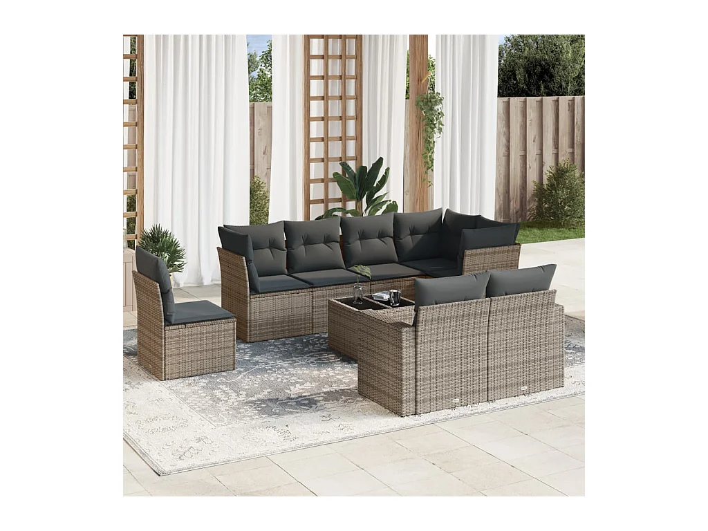 9-delige Loungeset met kussens poly rattan grijs