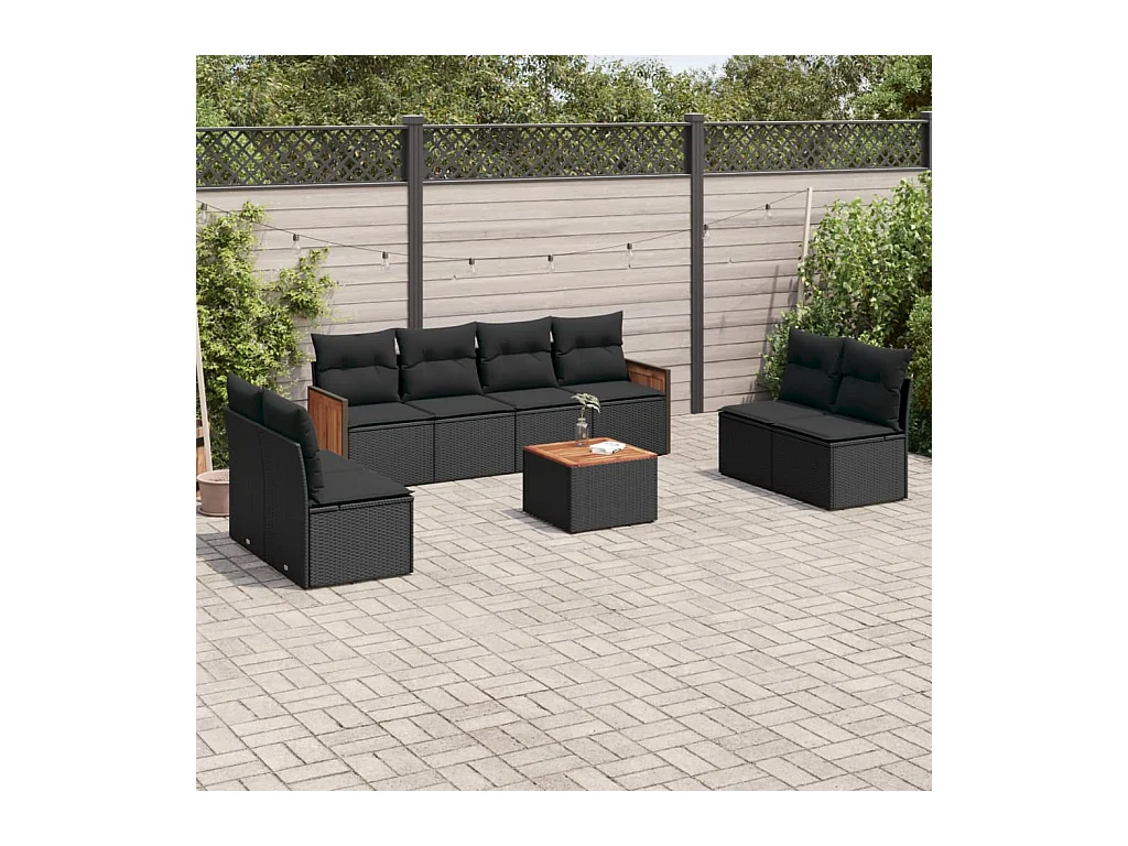 Salon de jardin 9 pcs avec coussins noir résine tressée