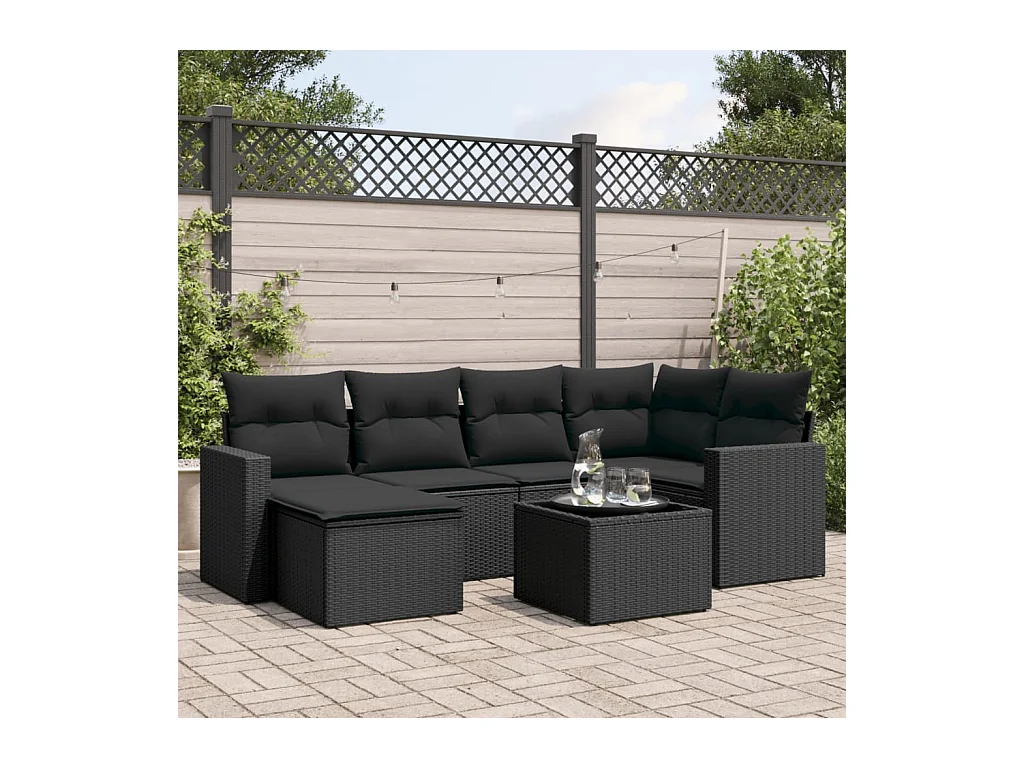 Salon de jardin 7 pcs avec coussins noir résine tressée