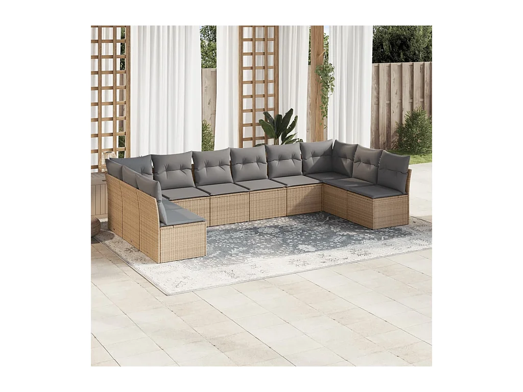 Salon de jardin avec coussins 10 pcs beige résine tressée