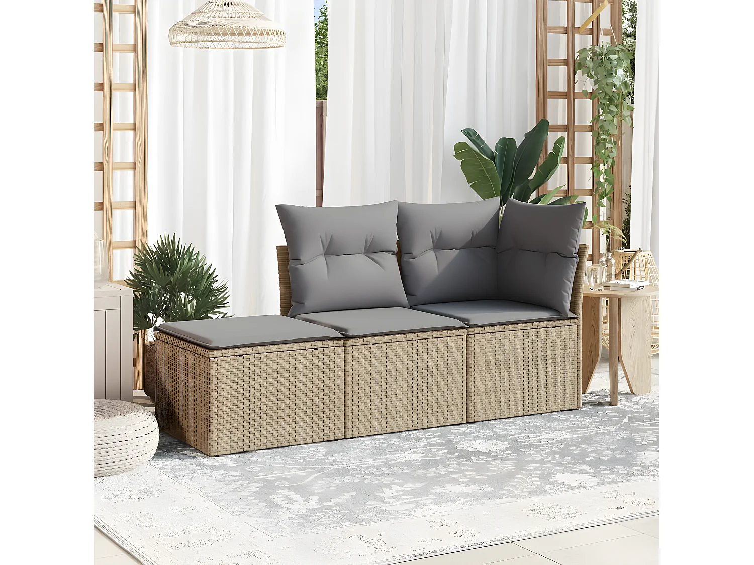 Set Divano da Giardino 3 pz con Cuscini Beige in Polyrattan