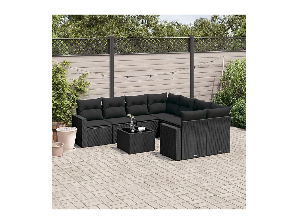 9-delige Loungeset met kussens poly rattan zwart