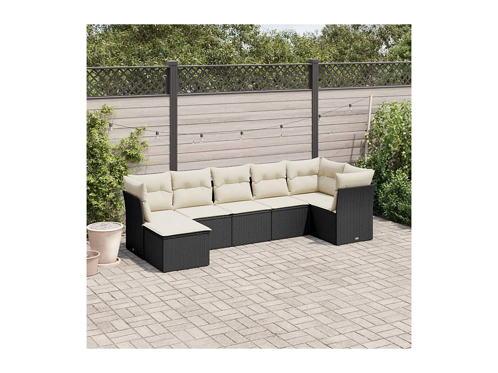 Salon de jardin 7 pcs avec coussins noir résine tressée