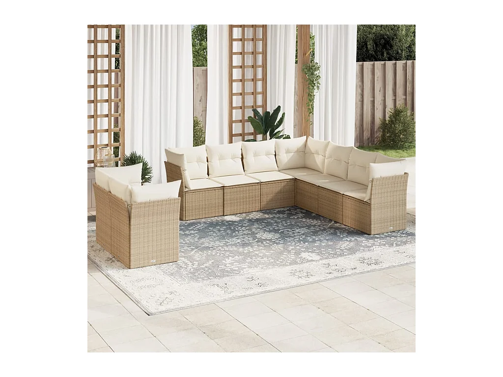Salon de jardin avec coussins 9 pcs beige résine tressée
