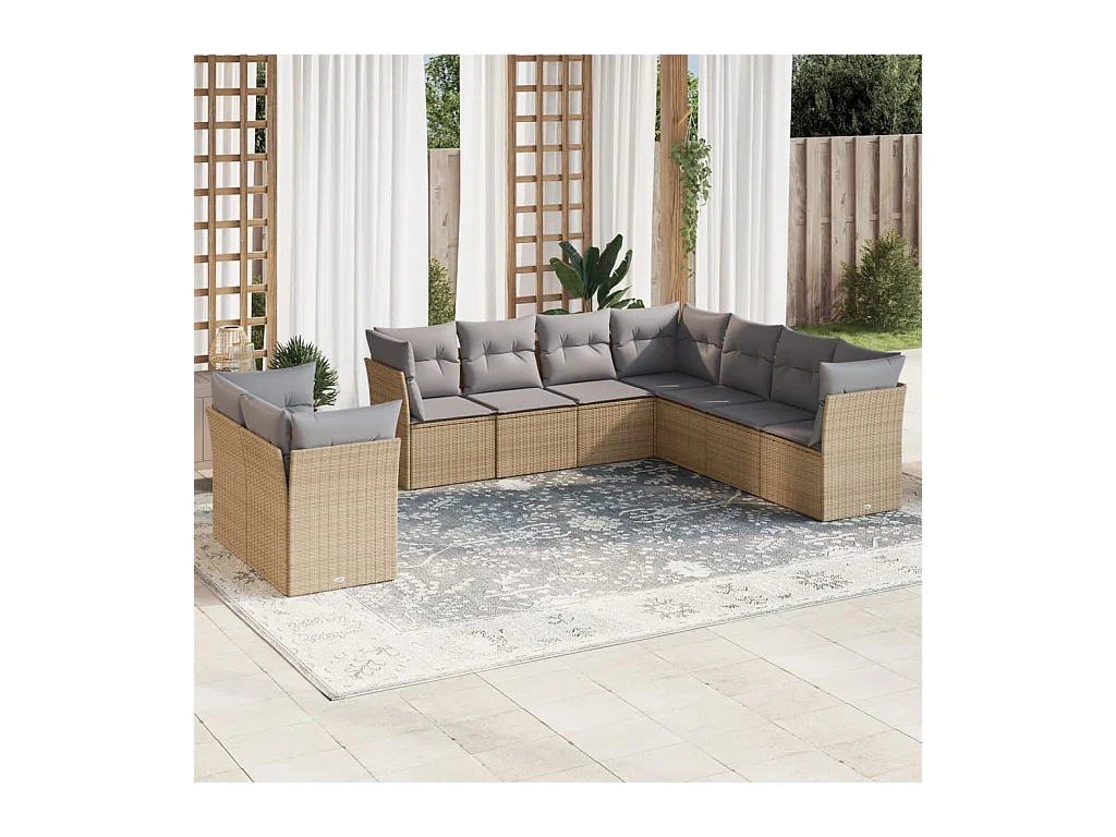 Set de sofás de jardín 9 pzas con cojines ratán sintético beige