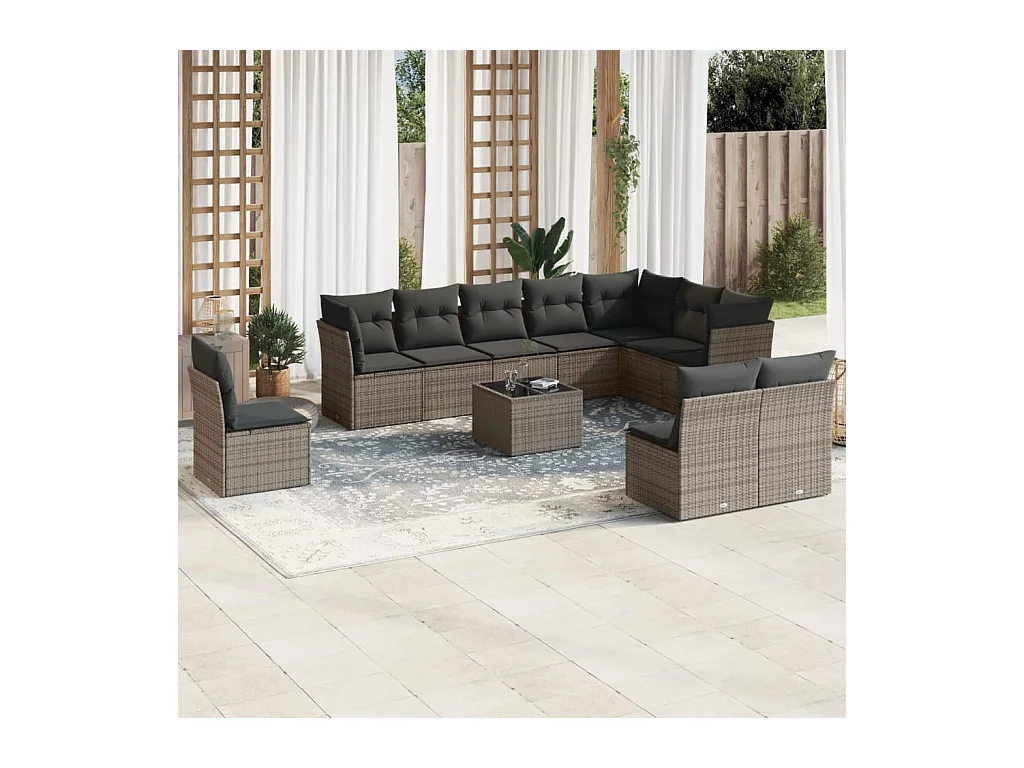11-tlg. Garten-Sofagarnitur mit Kissen Grau Poly Rattan