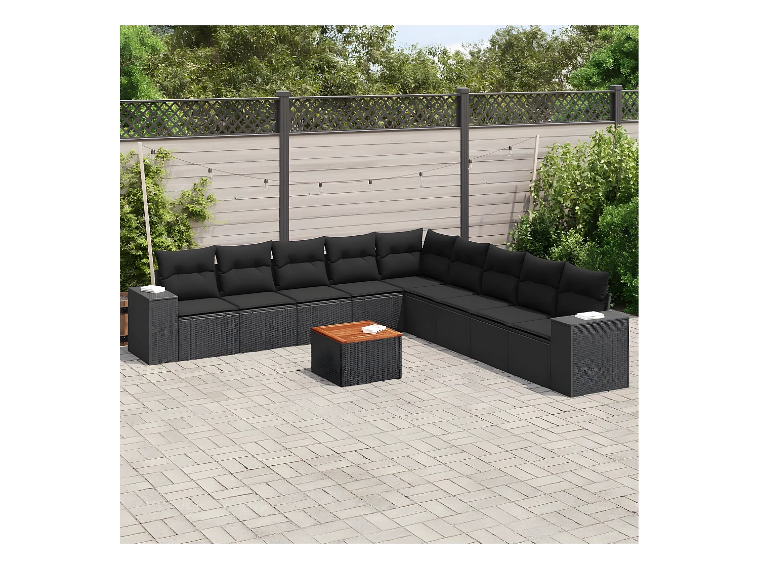 10-delige Loungeset met kussens poly rattan zwart