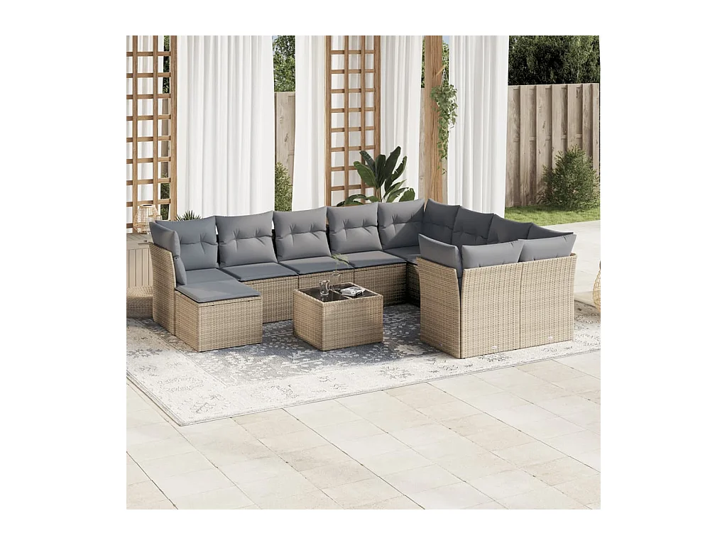 Set Divani da Giardino 11 pz con Cuscini Beige in Polyrattan