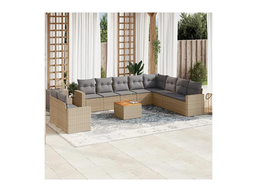 11-delige Tuinset met kussens poly rattan beige