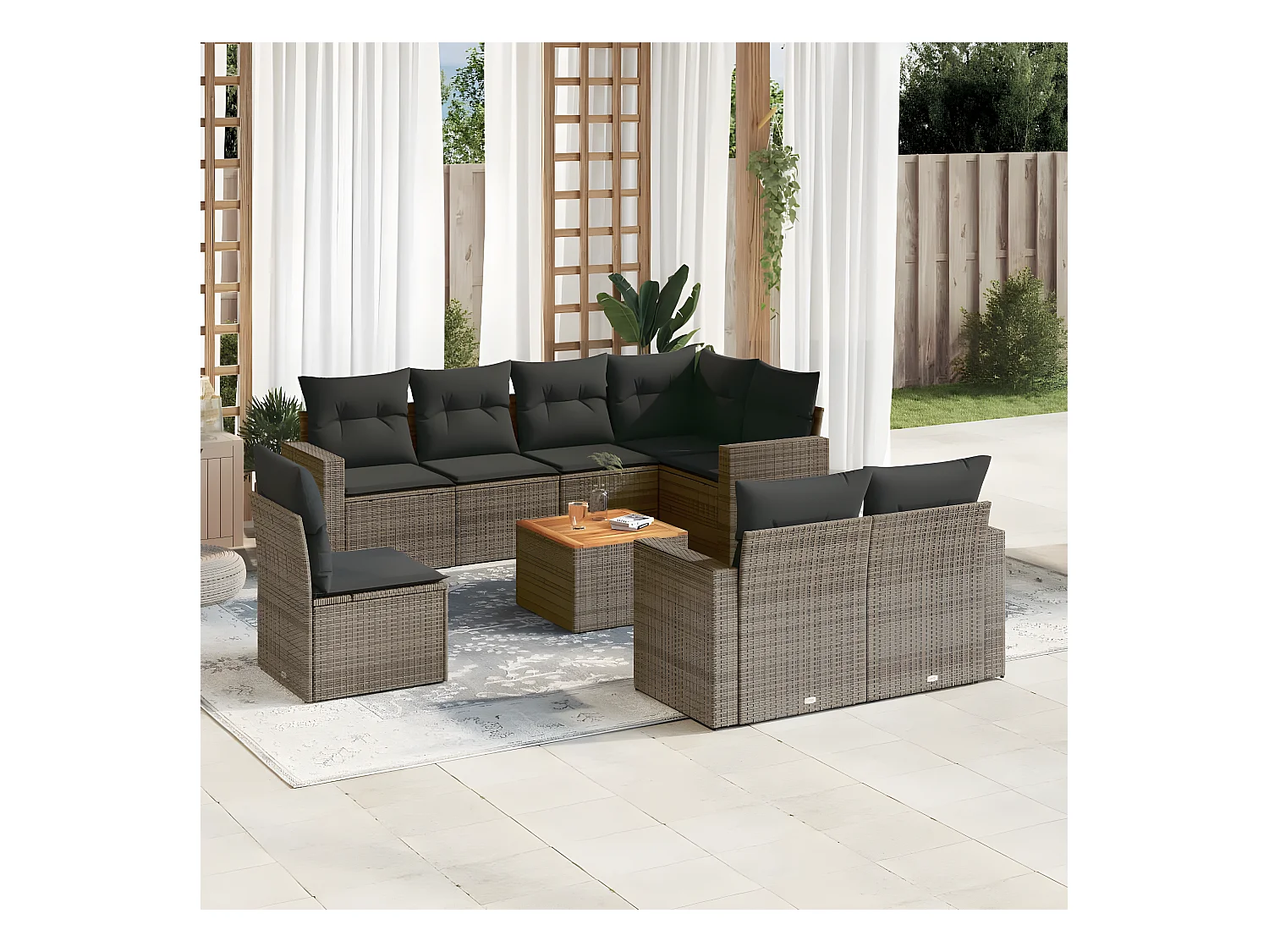 Salon de jardin 9 pcs avec coussins gris résine tressée