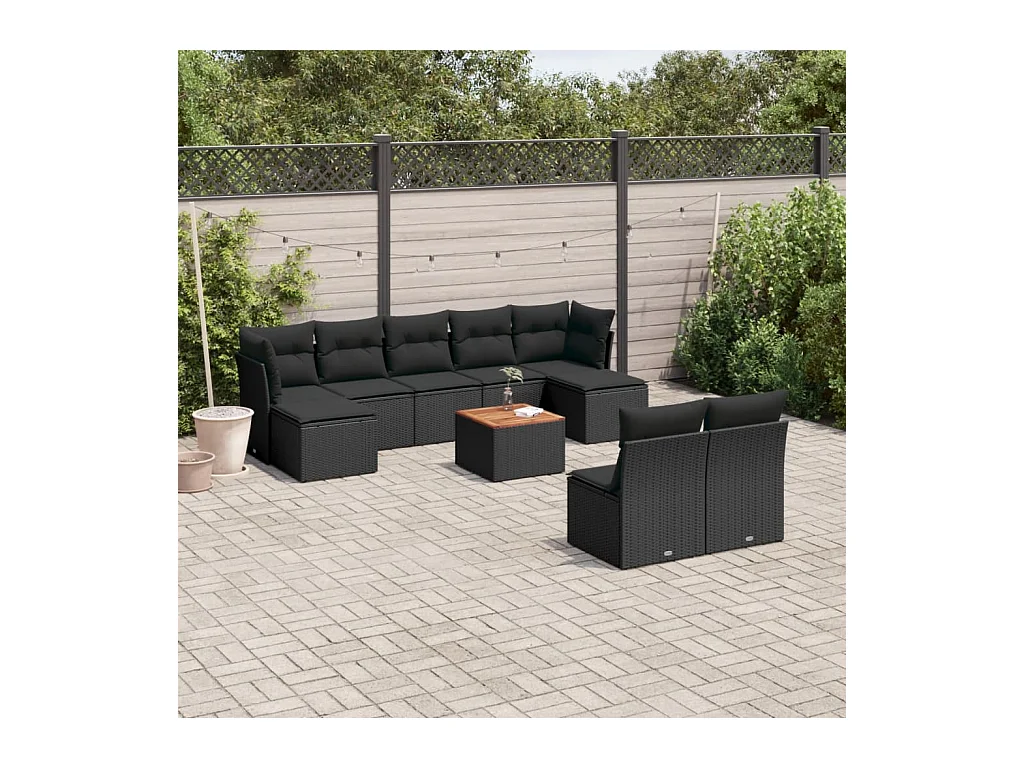 Salon de jardin 10 pcs avec coussins noir résine tressée