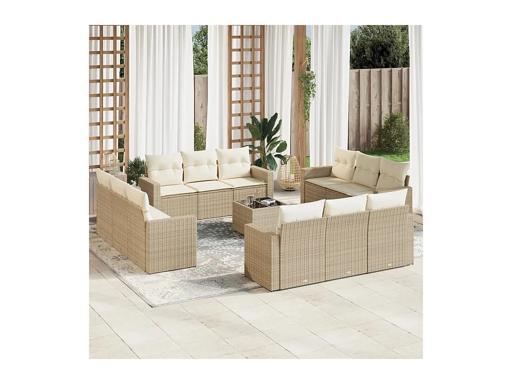 Salon de jardin avec coussins 13 pcs beige résine tressée