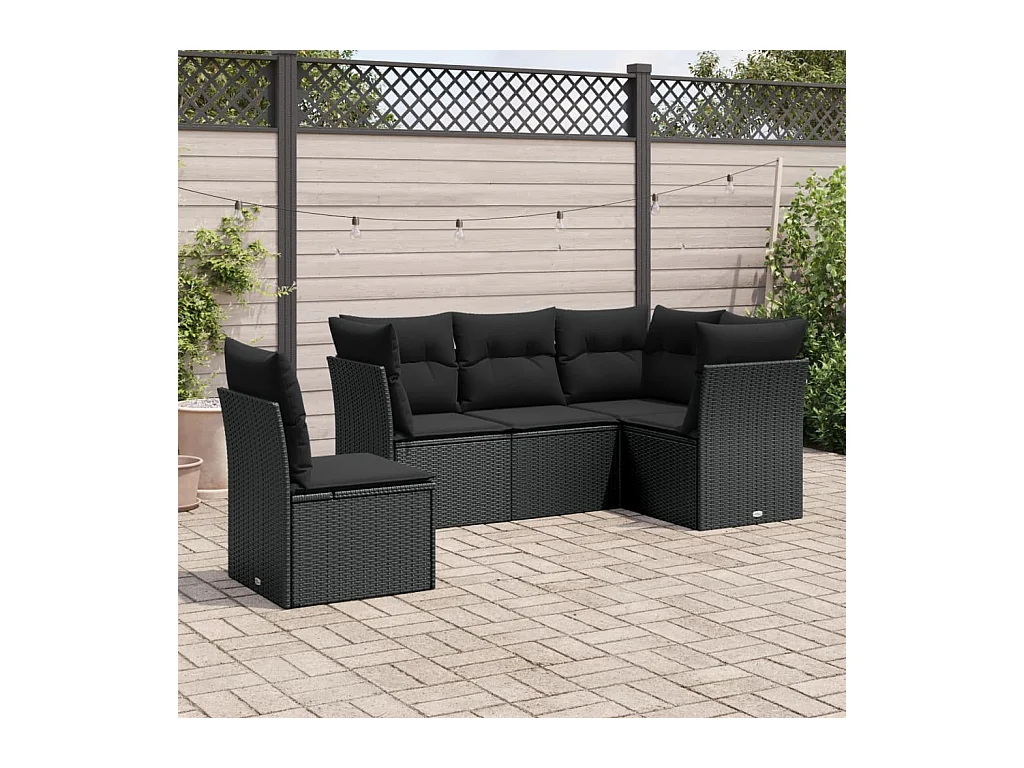 Salon de jardin 5 pcs avec coussins noir résine tressée