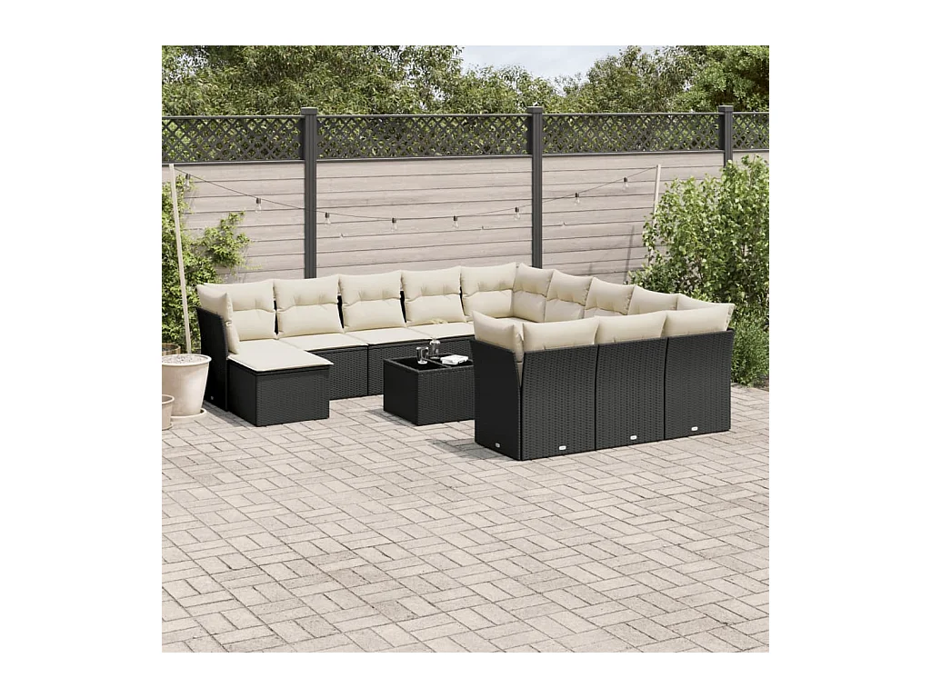 Salon de jardin avec coussins 13 pcs noir résine tressée