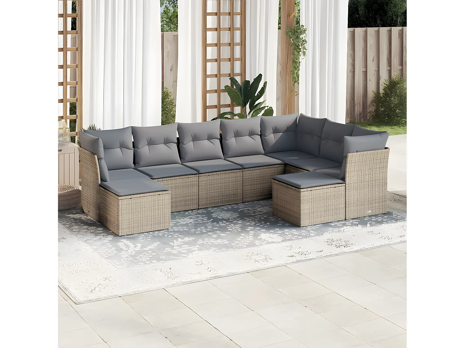 Set Divano da Giardino 9 pz con Cuscini Beige in Polyrattan