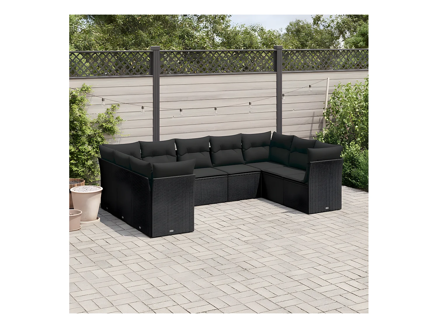 Set Divani da Giardino 9 pz con Cuscini Nero in Polyrattan