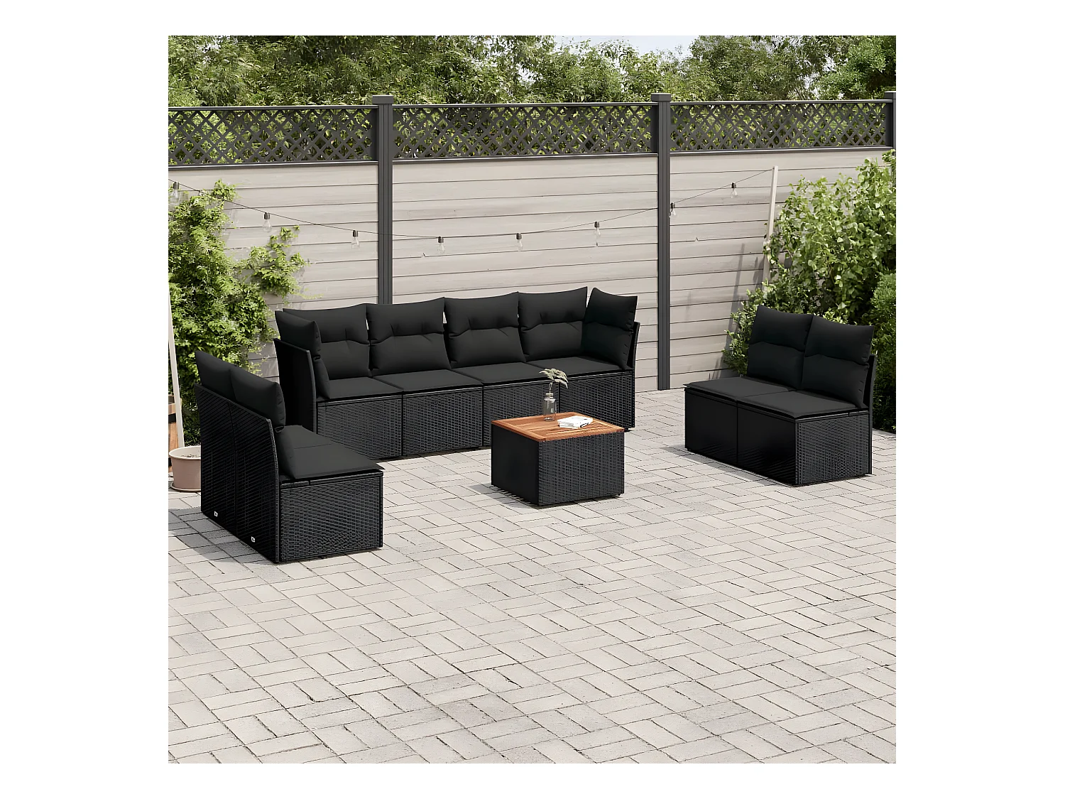 Salon de jardin 9 pcs avec coussins noir résine tressée