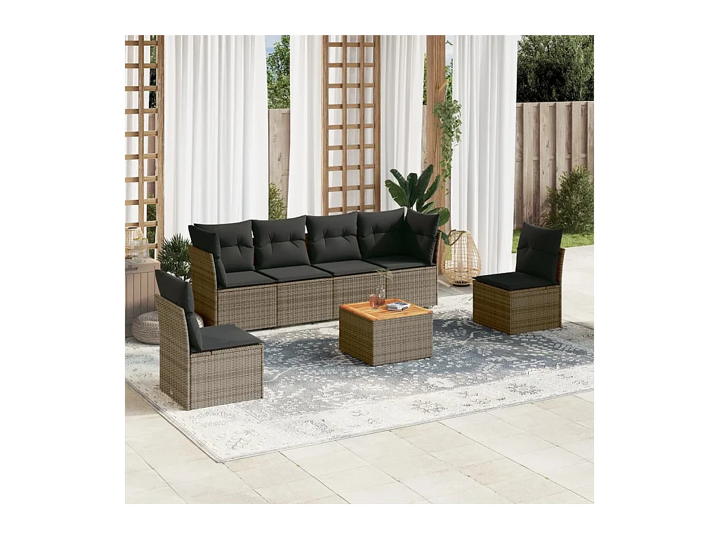 Salon de jardin avec coussins 7 pcs gris résine tressée