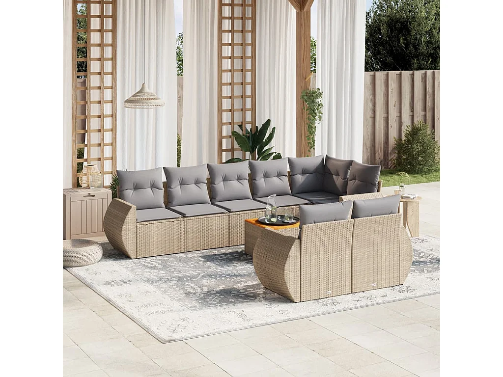 Set Divano da Giardino 9 pz con Cuscini Beige in Polyrattan