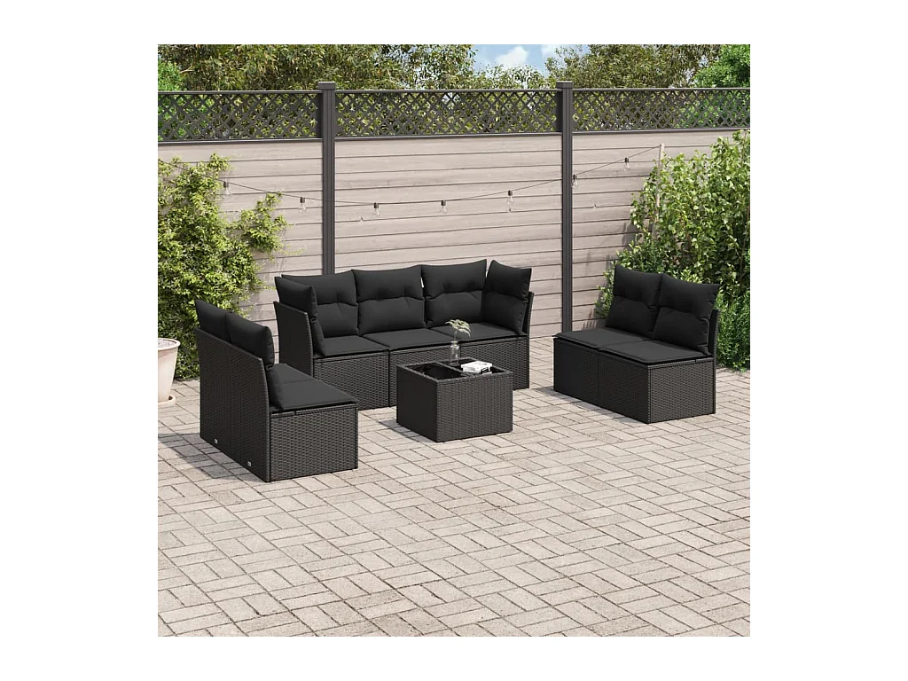 8-delige Loungeset met kussens poly rattan zwart