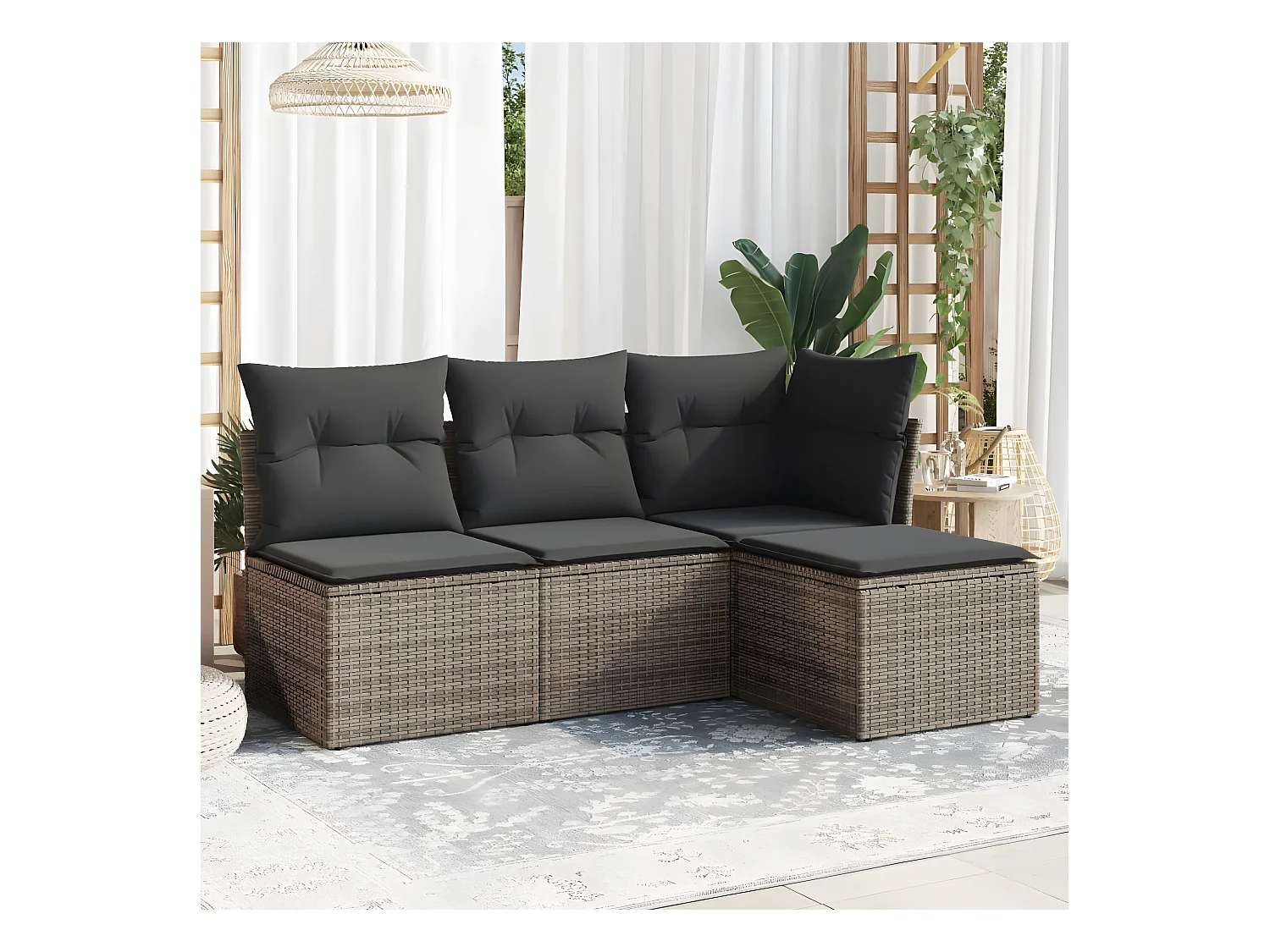 Salon de jardin 4 pcs avec coussins gris résine tressée