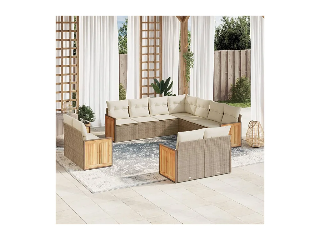 Salon de jardin 11 pcs avec coussins beige résine tressée