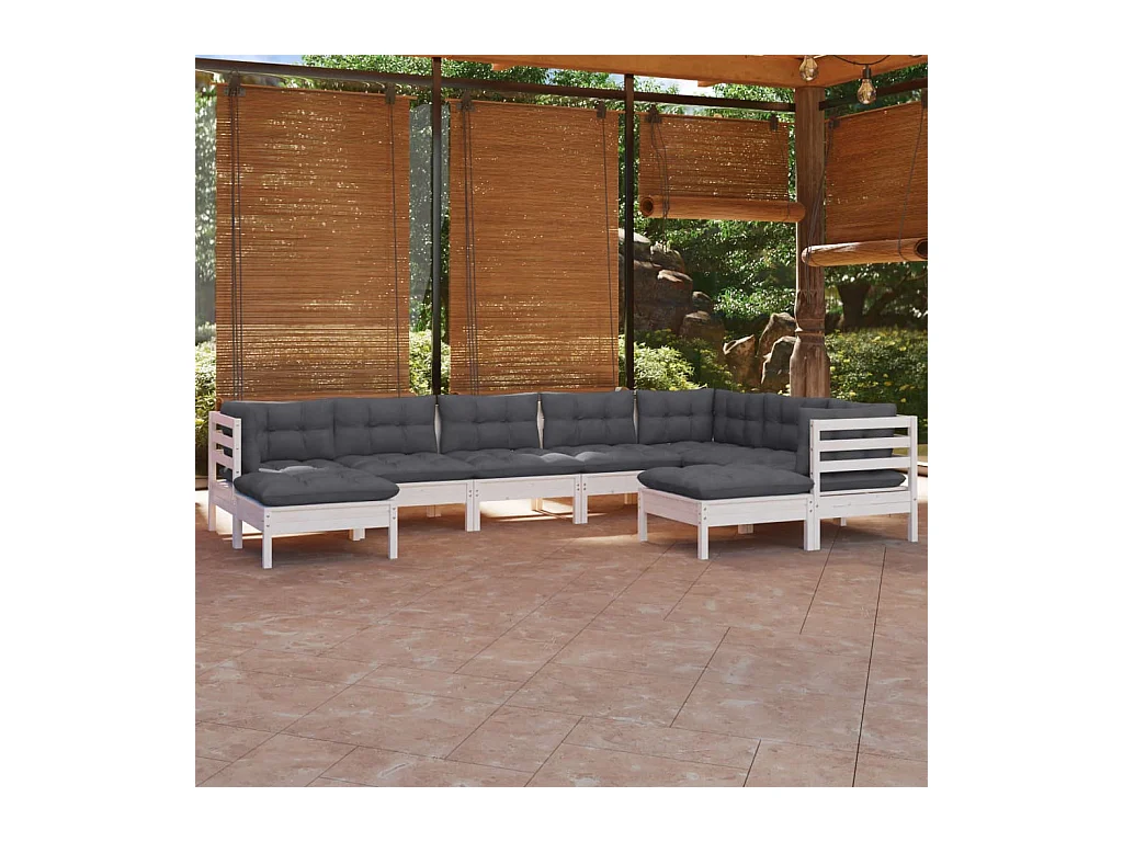 Salon de jardin 9 pcs avec coussins blanc bois de pin massif