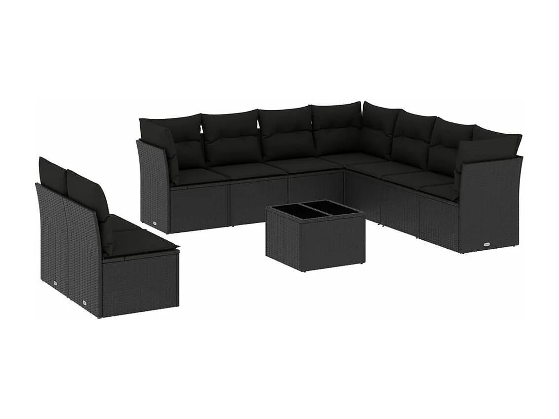 10-tlg. Garten-Sofagarnitur mit Kissen Schwarz Poly Rattan
