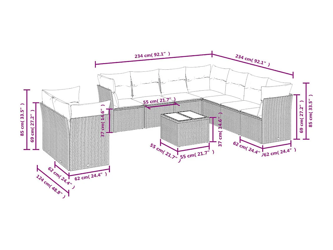 10-tlg. Garten-Sofagarnitur mit Kissen Schwarz Poly Rattan