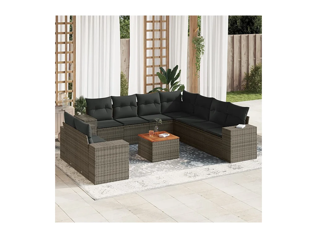 Salon de jardin avec coussins 10 pcs gris résine tressée