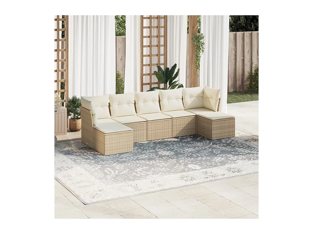 7-delige Loungeset met kussens poly rattan beige
