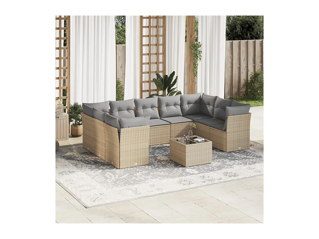 10-delige Loungeset met kussens poly rattan beige
