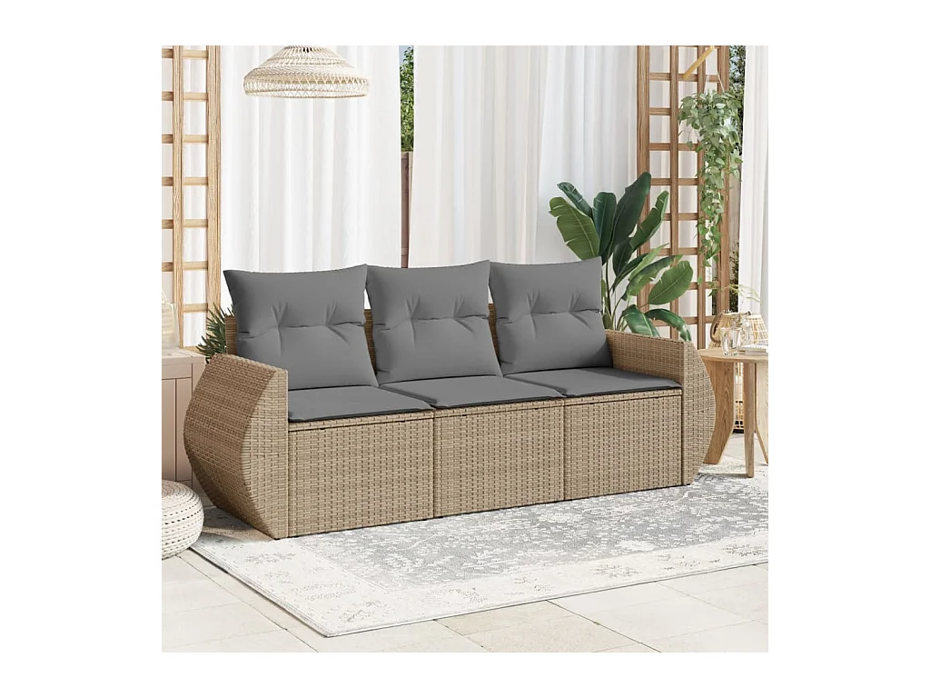 Salon de jardin avec coussins 3 pcs beige résine tressée