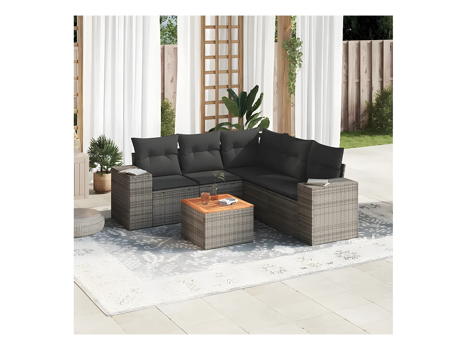 Salon de jardin 6 pcs avec coussins gris résine tressée