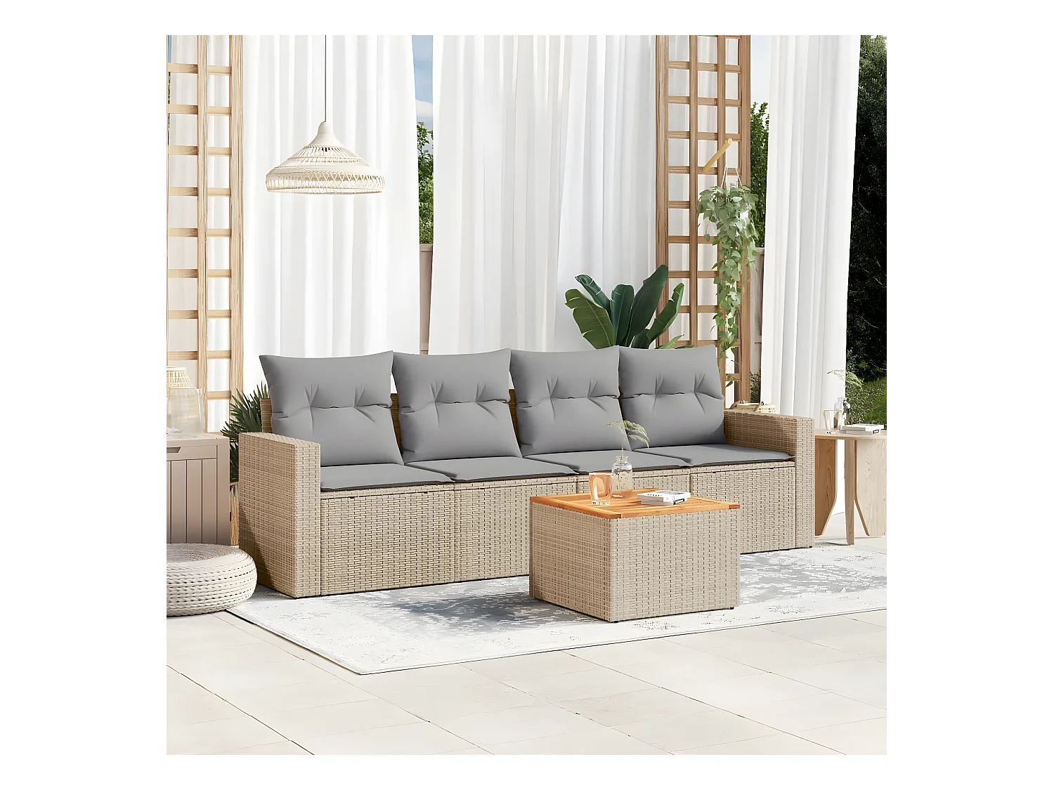 Salon de jardin avec coussins 5 pcs beige résine tressée