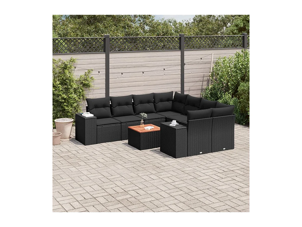 Salon de jardin 9 pcs avec coussins noir résine tressée