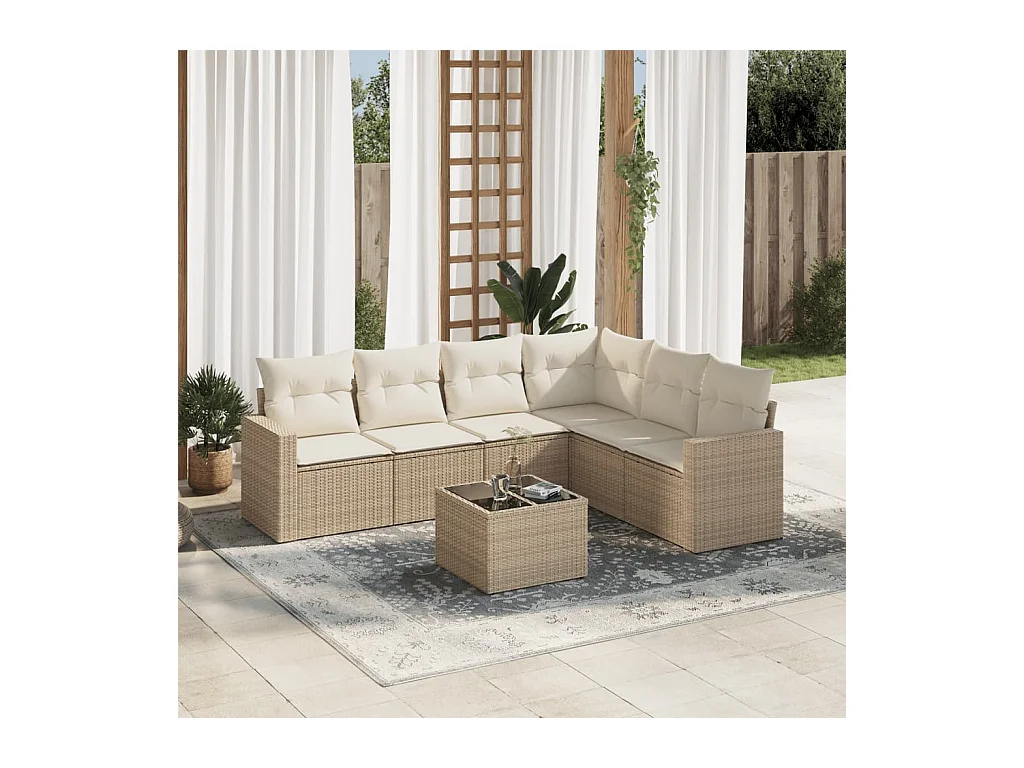 Salon de jardin avec coussins 7 pcs beige résine tressée