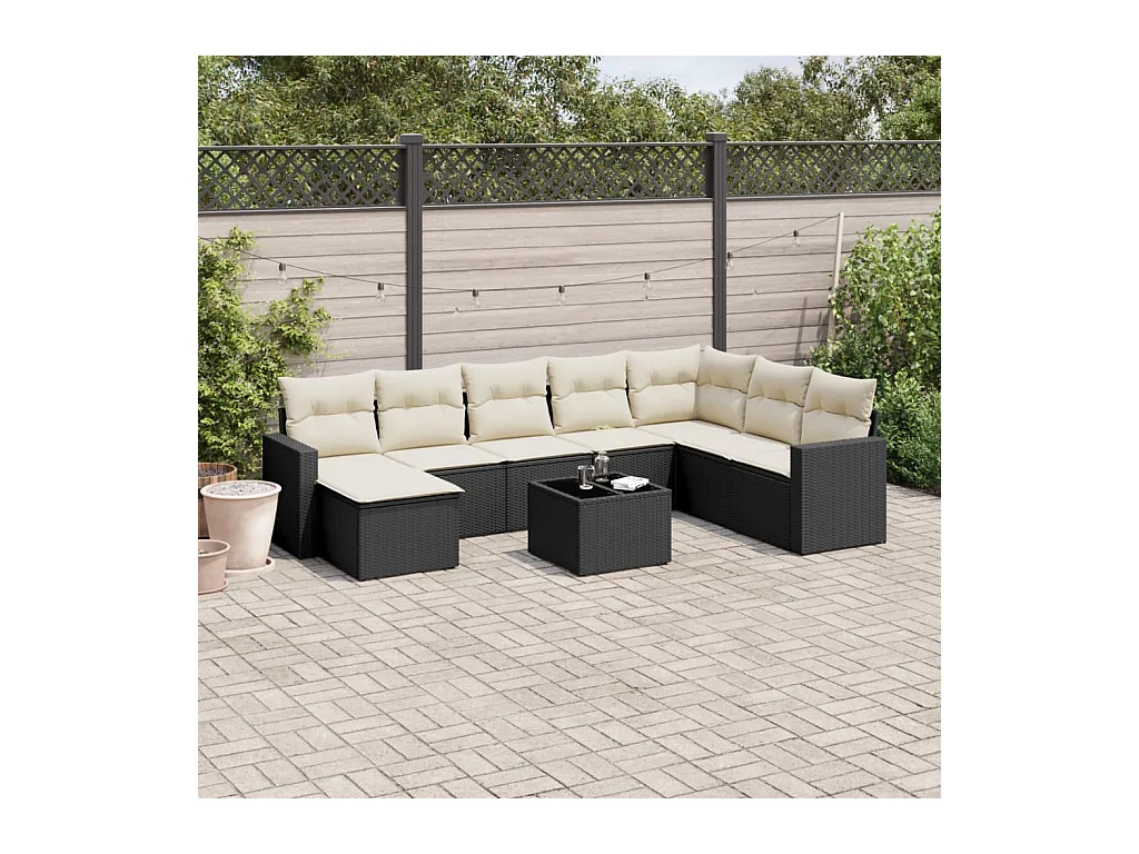 Set Divani da Giardino 9 pz con Cuscini Nero in Polyrattan